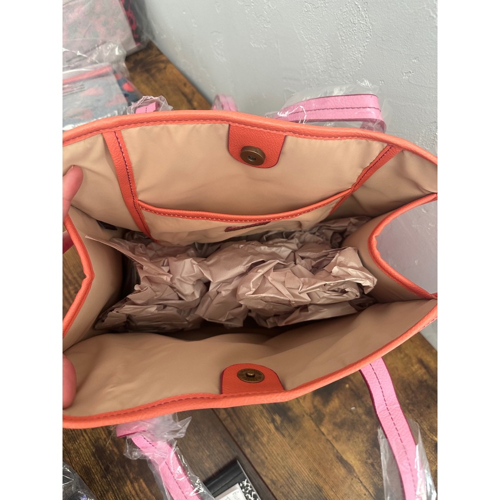 Catchfly Studio Western Cowboy Boot Print Tote Bag Pink Coral Leather Trim - Picture 3 of 3